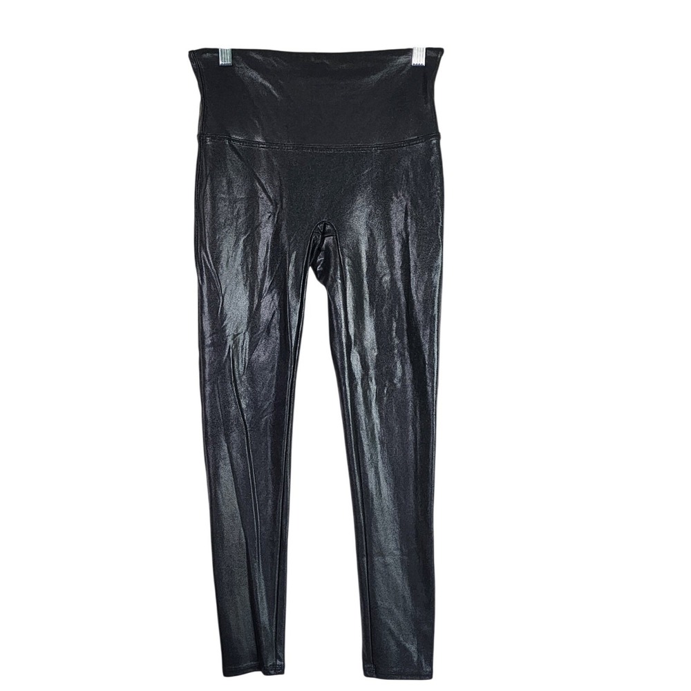 SPANX Petite Large Faux Leather Leggings Black High Rise Shaping Pull On Yoga